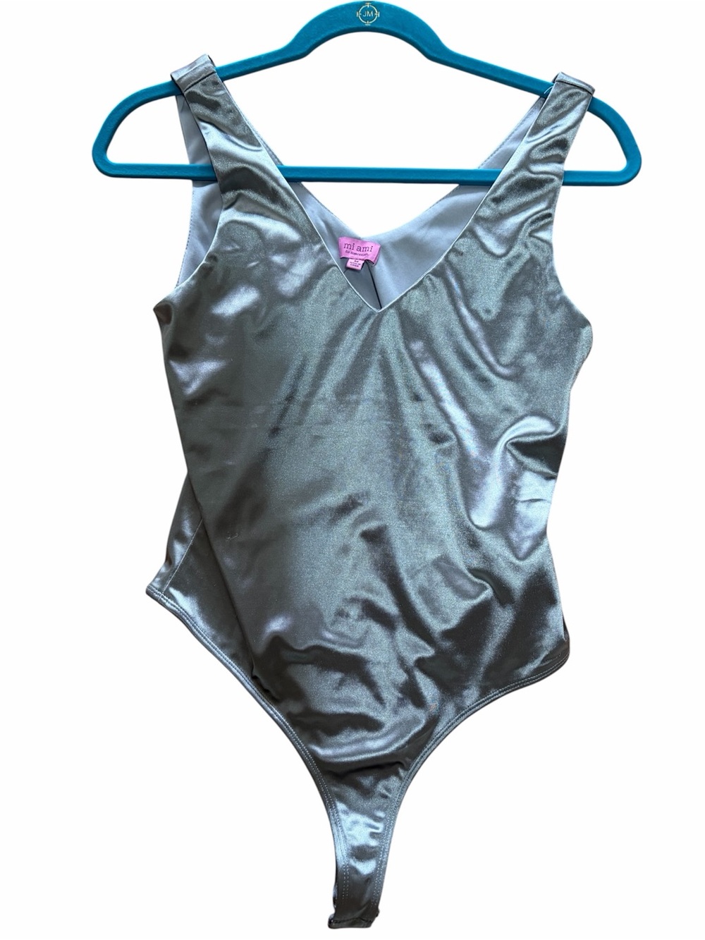 mi ami Silver V-Neck Shiny Bodysuit
